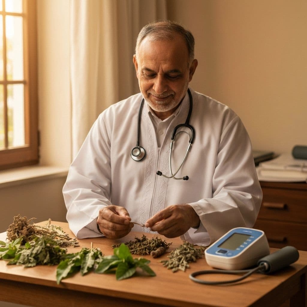 ArRazi Unani Clinic - Doctor with herbs and blood pressure monitor